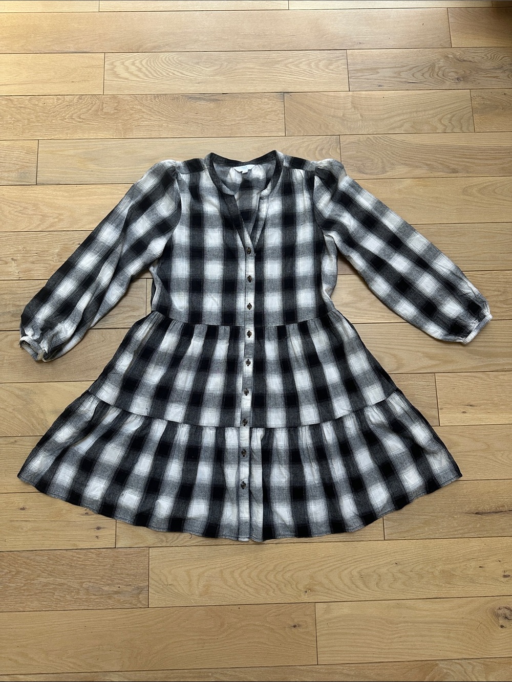 Time and Tru Black & White Plaid Button-Front Tiered Dress